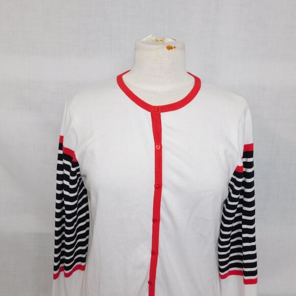 Northern Reflections Women M White Cardigan Sweater Red Navy Blue Striped detail - Picture 2 of 10